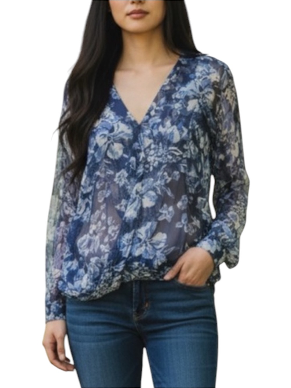Johnny Was 4 Love & Liberty Sheer Navy Blue Floral Silk Crossover Wrap Blouse S
